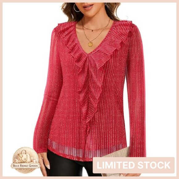 Long Sleeve Ruffle Blouse Mesh Double Layer Flowy Tunic Top Elegant Chic - Picture 2 of 5